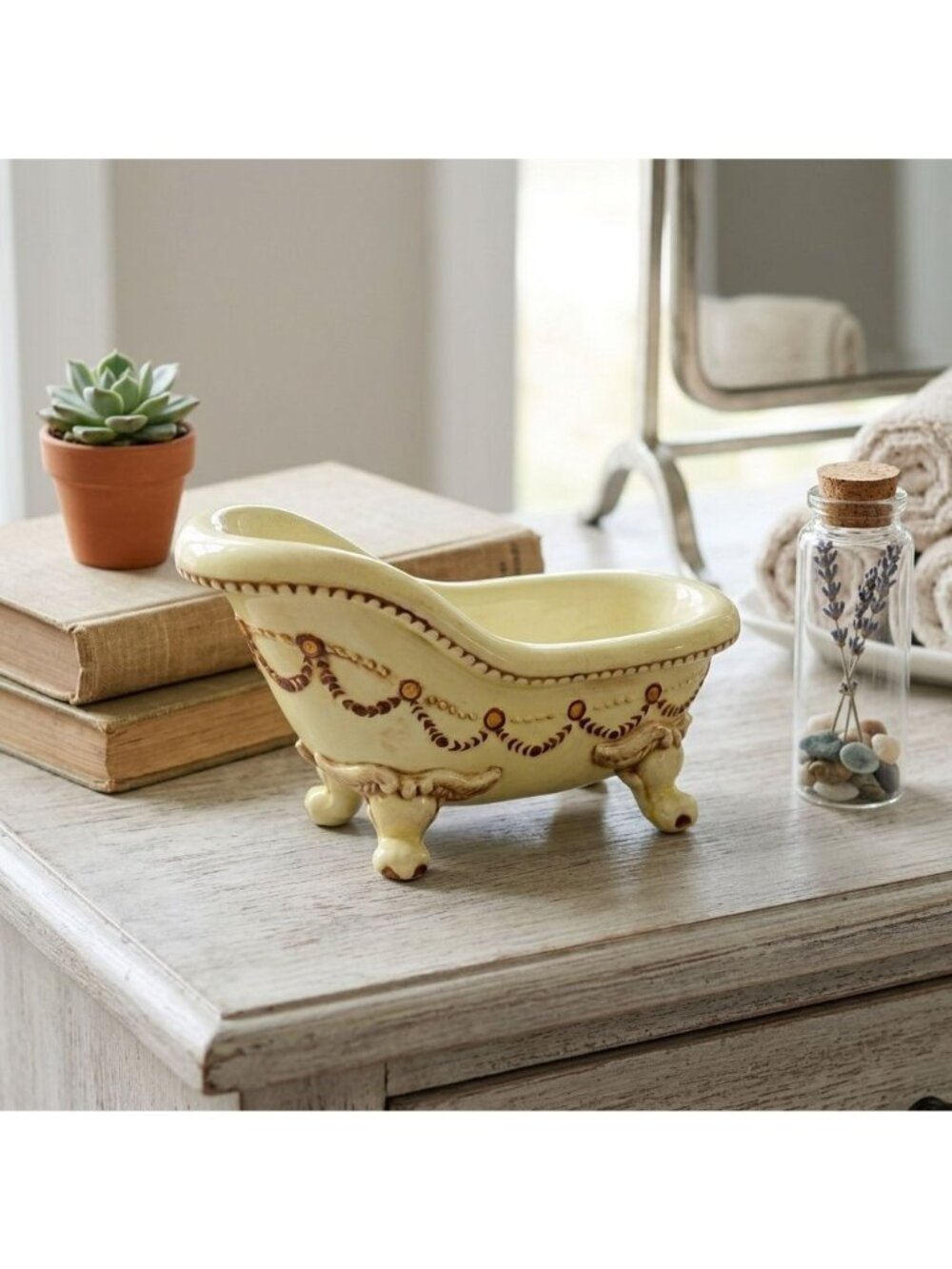 Vintage 1982 Ceramic Yellow Clawfoot Bathtub Soap Dish Planter Trinket Tray